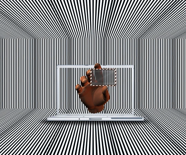 透明ステッカーなノート パソコンの画面上で 3 d の手 — ストック写真