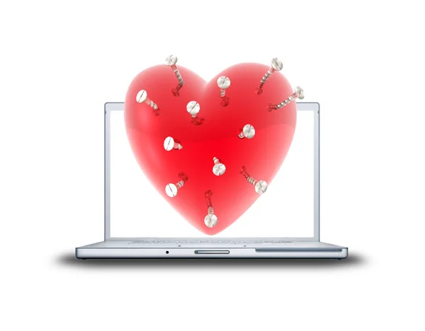 在笔记本电脑屏幕上 3d 红色的心 — 图库照片