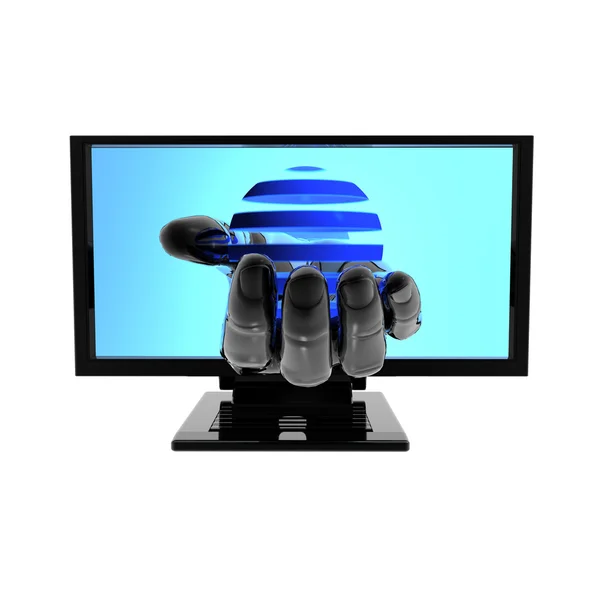 Computer screen with hand isolated on white — Stock Photo, Image