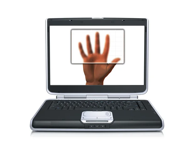 Gescande hand op laptop scherm geïsoleerd op wit — Stockfoto