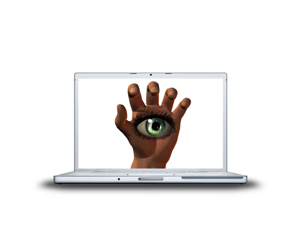 Χέρι με κορίτσι μάτι στην laptop οθόνη — Φωτογραφία Αρχείου
