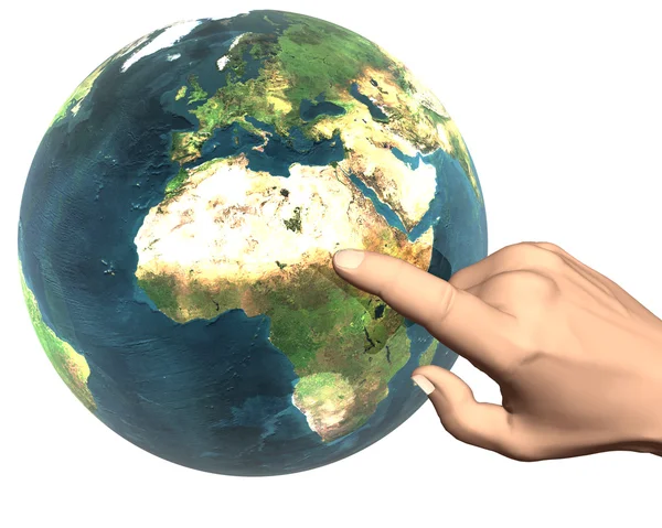 3d hand pointing to earth — Stock Photo, Image