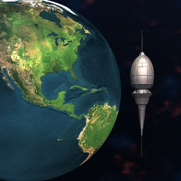 Satelitarna Sputnika na orbicie Ziemi 3d — Zdjęcie stockowe