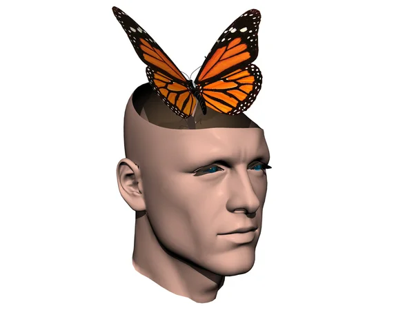 3D muži popraskané hlavy s motýl — Stock fotografie