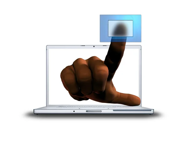 Dedo 3D pulsando botón transparente de la pantalla del ordenador portátil — Foto de Stock