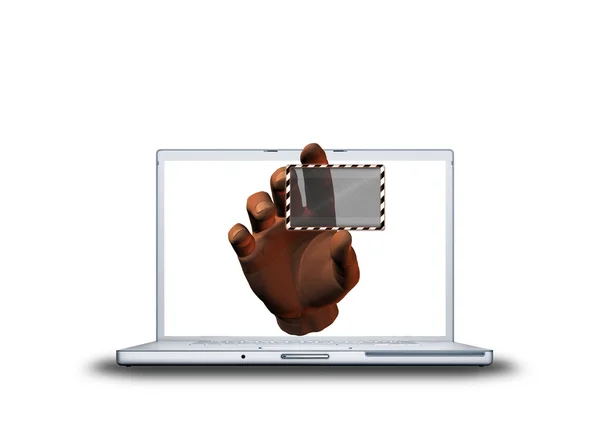 Laptop com mão 3D e adesivo transparente — Fotografia de Stock
