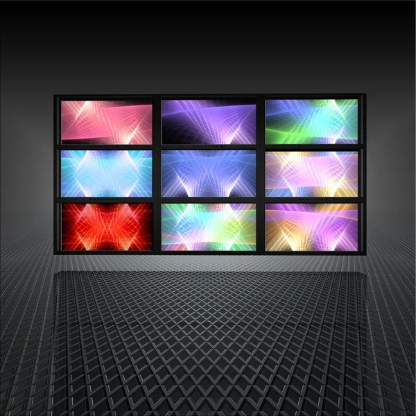 Videowand mit abstrakten Lichtern auf den Bildschirmen — Stockfoto