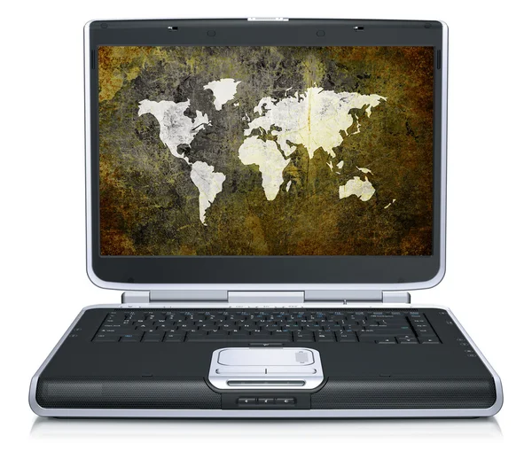 Retro-Modell der geografischen Weltkarte auf dem Laptop-Bildschirm — Stockfoto