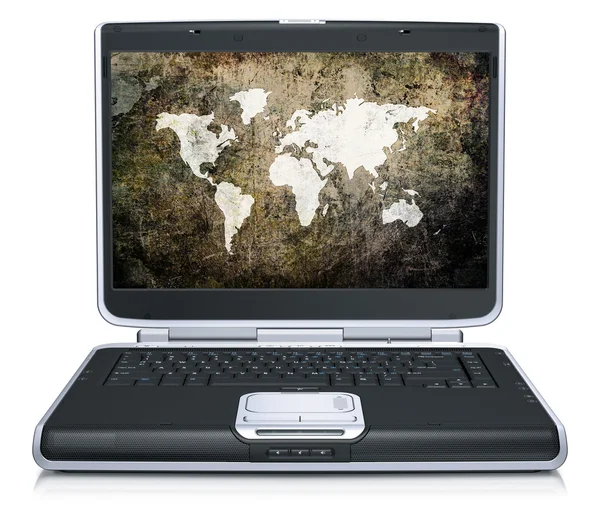 Retro modell a világ földrajzi Térkép a laptop képernyőjén — Stock Fotó