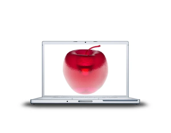 3D красный стекло яблоко на ноутбуке — стоковое фото