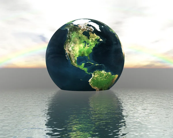 Globe 3D sur l'eau avec un arc-en-ciel — Photo