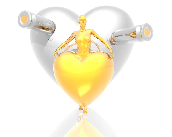 3d Золотая виртуальная девушка с золотым фоном сердца — стоковое фото