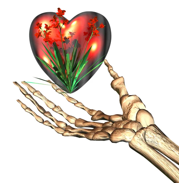 Červené 3d srdce, kosti ruky — Stock fotografie