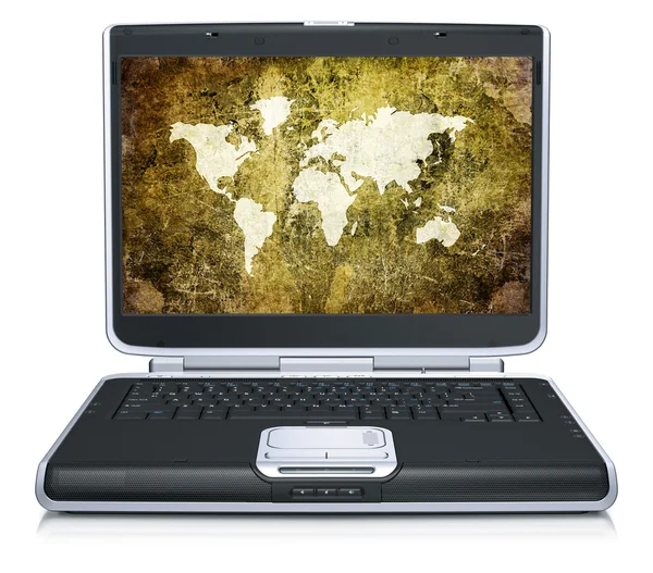 Modelo retro del mapa geográfico mundial en la pantalla del ordenador portátil —  Fotos de Stock