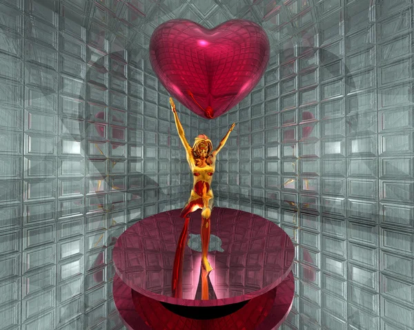 3D gyllene virtuella flicka med rött hjärta — Stockfoto