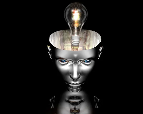 Lamp in 3d cyborg meisje hoofd op zwart — Stockfoto
