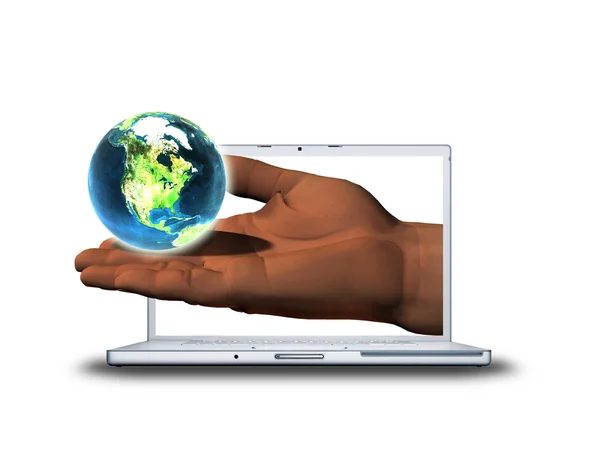 Mão 3D com terra no laptop — Fotografia de Stock