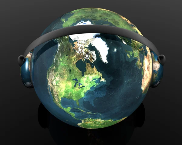 3D music globe with headphone — Stock Photo, Image