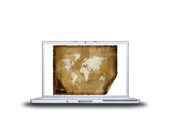 Mapa do velho mundo na tela do laptop — Fotografia de Stock