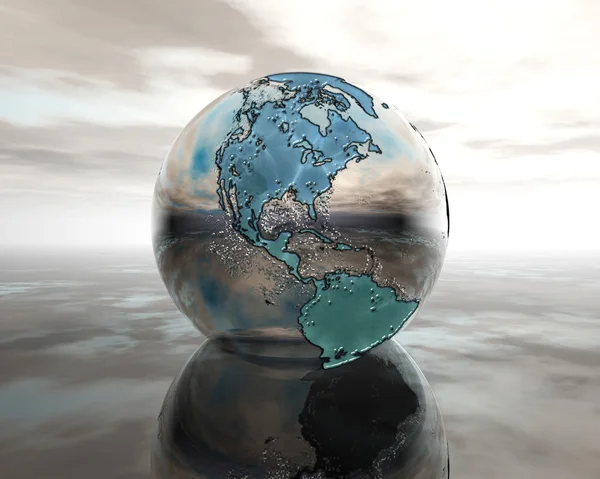 3D globe on water in silver — Stock Photo, Image