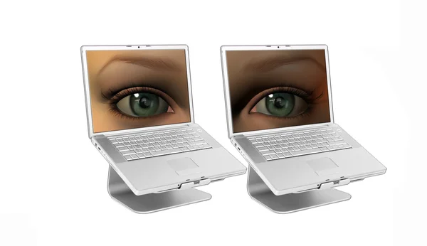 Chica ojos en un ordenador portátil pantallas aisladas en blanco —  Fotos de Stock