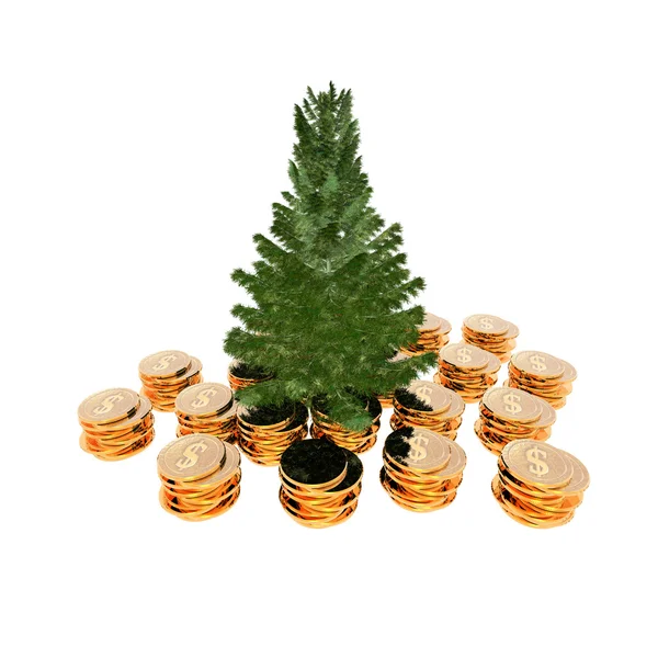 Bare Christmas tree ready to decorate with coins — Stock Photo, Image