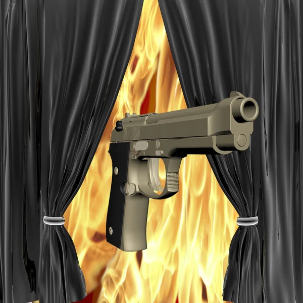 Pistola com cortinas pretas brilhantes — Fotografia de Stock