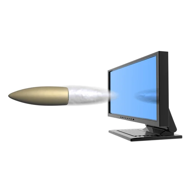 计算机屏幕与飞行的子弹 — 图库照片