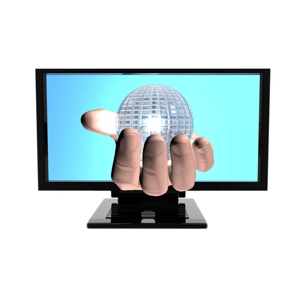 Bilgisayar ekranı üzerinde beyaz izole el ile — Stok fotoğraf