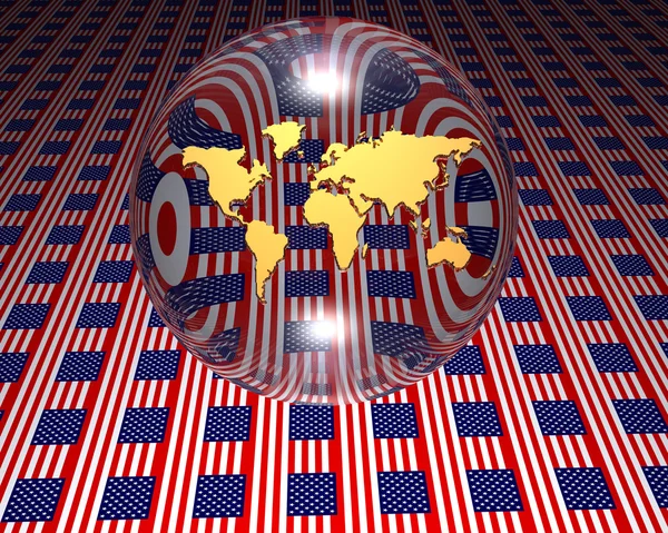 पृष्ठभूमि में संयुक्त राज्य अमेरिका ध्वज के साथ विश्व मानचित्र का मॉडल — स्टॉक फ़ोटो, इमेज