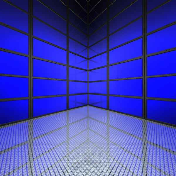 Video muur met blauwe schermen — Stockfoto