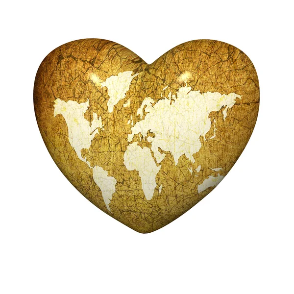 Heart with earth grunge map on a white — Stock Photo, Image