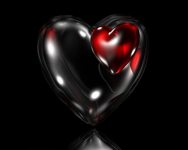 ダブルの赤と黒のガラスの愛の心 — ストック写真