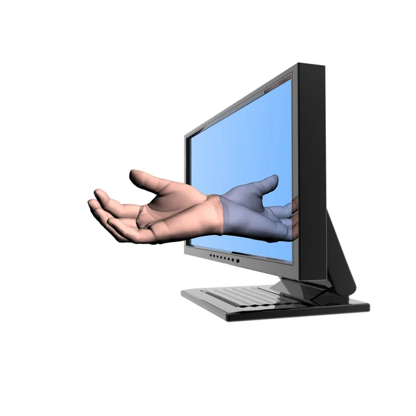 Tela do computador com a mão isolada no branco — Fotografia de Stock