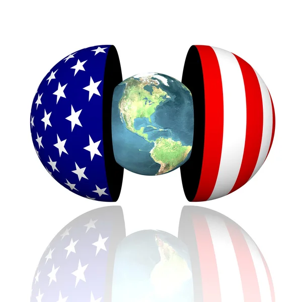 3d earth in hemispheres with us flag texture — Stock Photo, Image