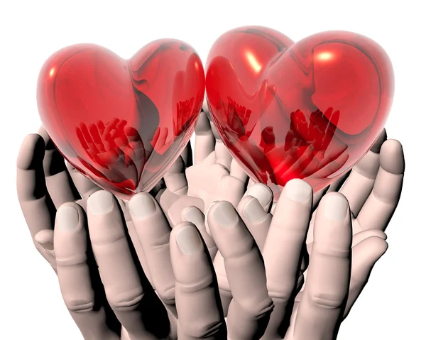 Ljusa röda glas hjärtan i händerna — Stockfoto
