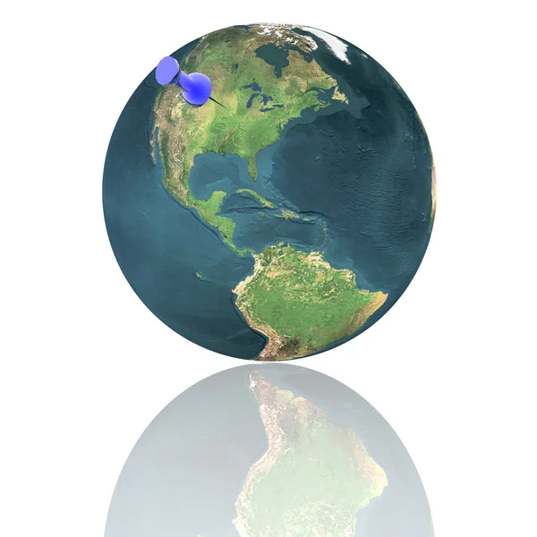 Země s modrými připínáček izolovaných na bílém — Stock fotografie