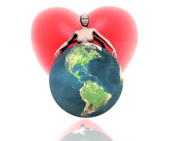 Mundo 3D América con chica y corazón —  Fotos de Stock