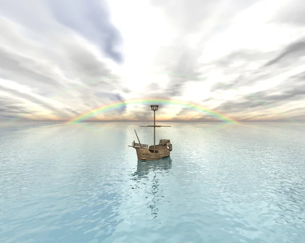 Sailing vessel in the rainbow sea — Stock Photo, Image