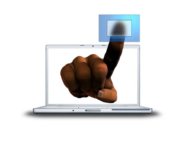 3D finger pushing transparent button from laptop — Stock Photo, Image