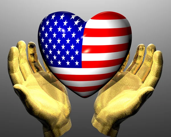 Heart with us flag texture in golden hands — Stock Photo, Image