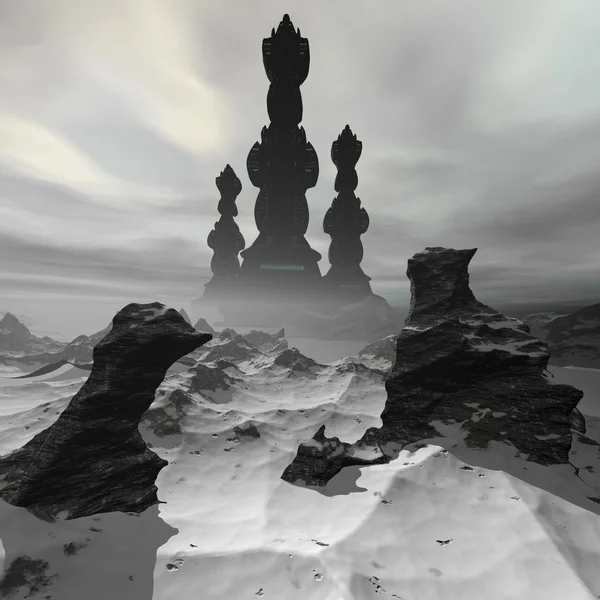 Tower in the snow futuristic landscape — Stock Photo, Image