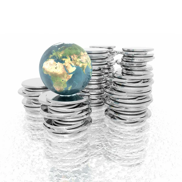 Monedas con globo 3D aisladas sobre un blanco — Foto de Stock