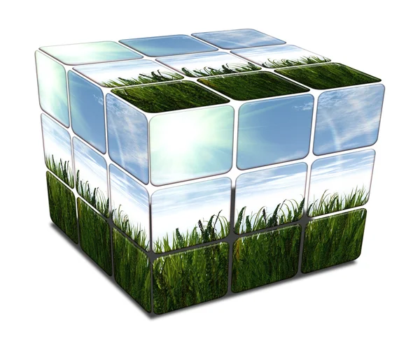 Cubo 3D con erba verde e cielo blu su bianco — Foto Stock