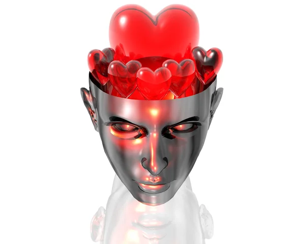 3D harten in 3d cyborg meisje hoofd — Stockfoto
