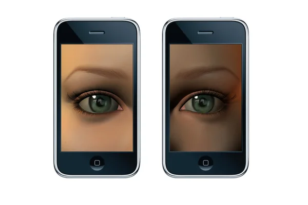 携帯電話の画面上の少女の目は、白で隔離されます。 — ストック写真