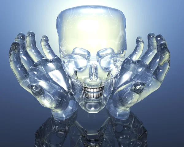 Crâne en verre 3D dans des mains en verre — Photo