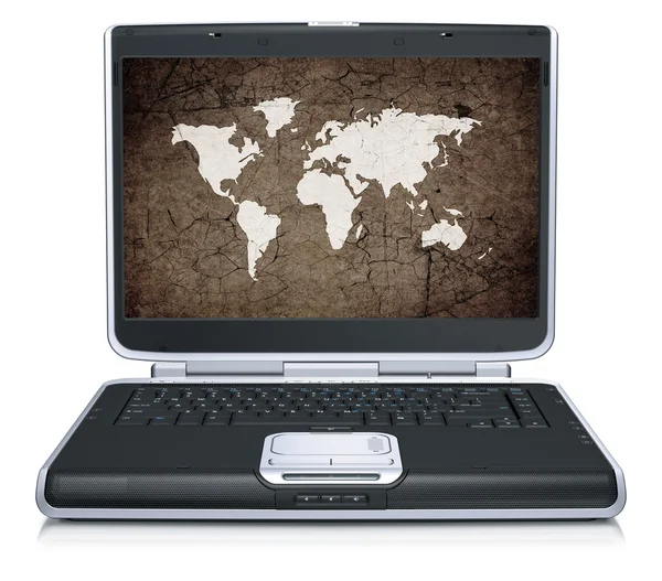 Retro model of the geographical world map on laptop screen — Stockfoto