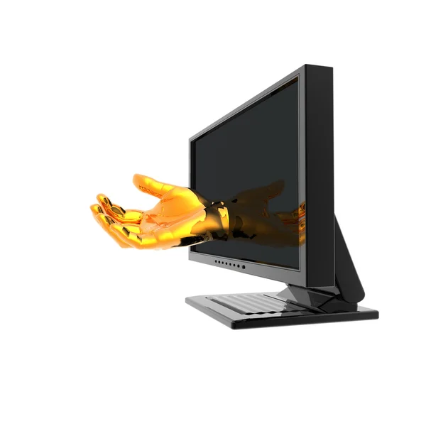 Tela do computador com a mão isolada no branco — Fotografia de Stock