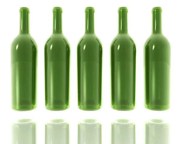 5 зелених скляних пляшок — стокове фото